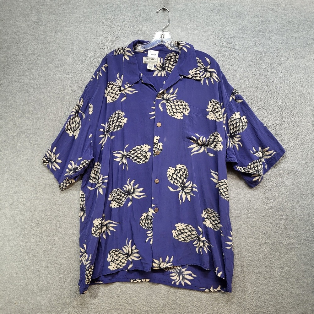 Avanti Men Shirt XL Light‎ Blue Button Up Silk Pineapple Hawaiian Short Sleeve